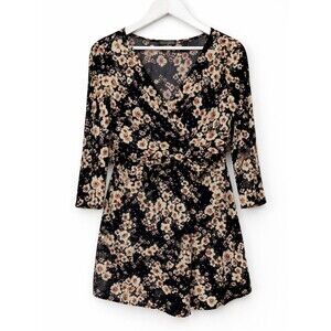 JTB Black Floral Faux Wrap Dress Y2k Style Size XL Mini 3/4 Sleeve Gold
